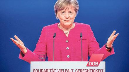 So sieht das aus. Angela Merkel erläuterte am Dienstag den DGB-Delegierten ihre Politik in den kommenden Jahren. 
