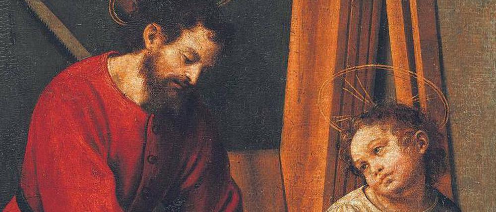 Heiliges Handwerk. Das mittelalterliche Gemälde zeigt Joseph und das Christuskind in der Werkstatt. Im Matthäus-Evangelium, Kapitel 13, Vers 55 steht über Jesus geschrieben: „Ist das nicht der Sohn des Zimmermanns?“.