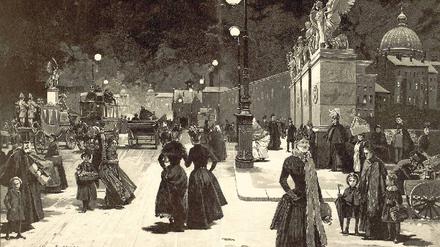 Abendliche Szene bei elektrischer Beleuchtung. Holzstich nach einer Zeichnung von E. Thiel, nach 1890.Foto: picture-alliance/akg-images