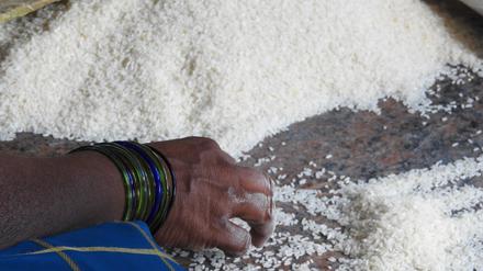 Eine Inderin reinigt Reis per Hand (Symbolbild).