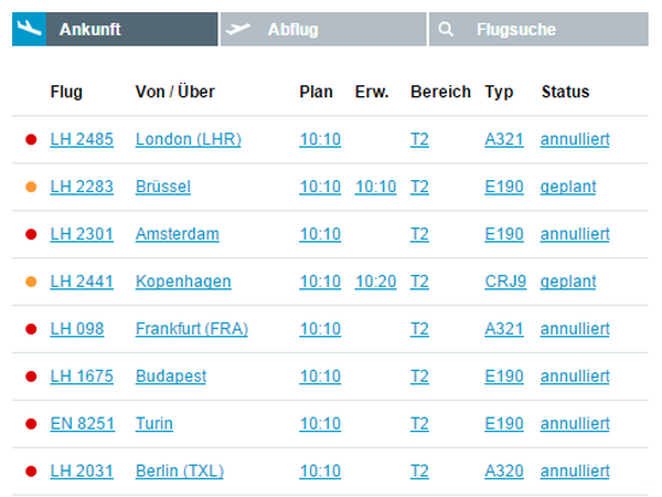 Der Flugplan in München zeigt am Mittwoch morgen vor allem viel Rot. Zahlreiche Flüge wurden annulliert.