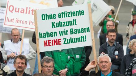 Bauern halten am 26.05.2016 während einer Demonstration gegen den drastischen Preisverfall bei Milch und Fleisch vor dem Landtag in Dresden (Sachsen) ein Schild mit der Aufschrift "Ohne effiziente Kuhzunft haben wir Bauern keine Zukunf". 