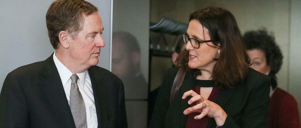 Europas Handelskommissarin Malmström (mit US-Handelsvertreter Robert Lighthizer) warnt vor US-Strafzöllen ab dem 1. Mai.
