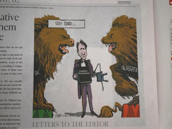 Kanadas Premier Justin Trudeau als Löwenbändiger für die Provinzen British Columbia (BC) und Alberta in einer Karikatur der Zeitung "The Globe and Mail".