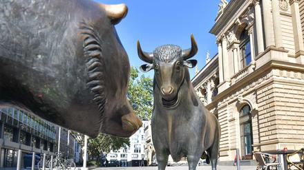 Bulle und Bär vor der Frankfurter Börse, sie stehen symbolisch für steigende und fallende Kurse.