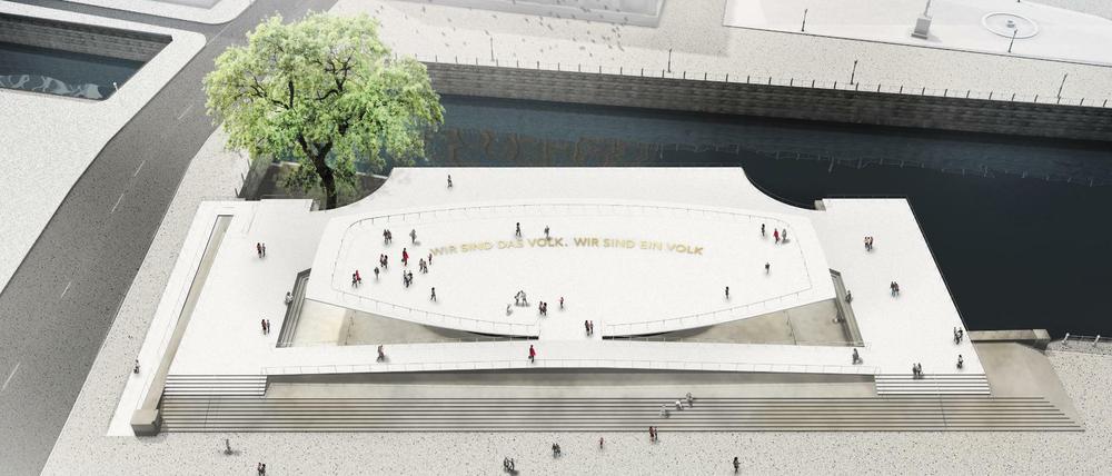 This handout undated computer simulation released on February 14, 2017, shows the Monument to Freedom and Unity (Einheitswippe) designed by the German Milla &amp; Partner agency and German choreographer Sasha Waltz.The concept entitled "Citizens in Motion" will finally be realized in the center of the German capital, near the rebuilt city castle. The 50 meters long monument is animate and is not to be approached merely as an object for contemplation - the intention is that it be entered and set in motion, movement being achieved by visitors working together as a group. / AFP PHOTO / Milla &amp; Partner / HO / RESTRICTED TO EDITORIAL USE - MANDATORY CREDIT "AFP PHOTO / MILLA &amp; PARTNER " - NO MARKETING - NO ADVERTISING CAMPAIGNS - DISTRIBUTED AS A SERVICE TO CLIENTS 