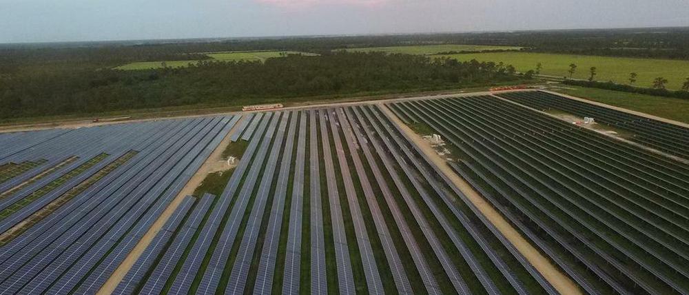 Prärie mit Panels. Rund 300 000 leistungsstarke Solarmodule produzieren Energie für die wachsende Stadt.