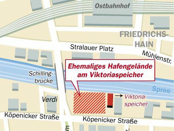 Das Filetstück am Speicher. Der Galvanisierungsbetrieb befindet sich südlich des Geländes jenseits der Köpenicker Straße.