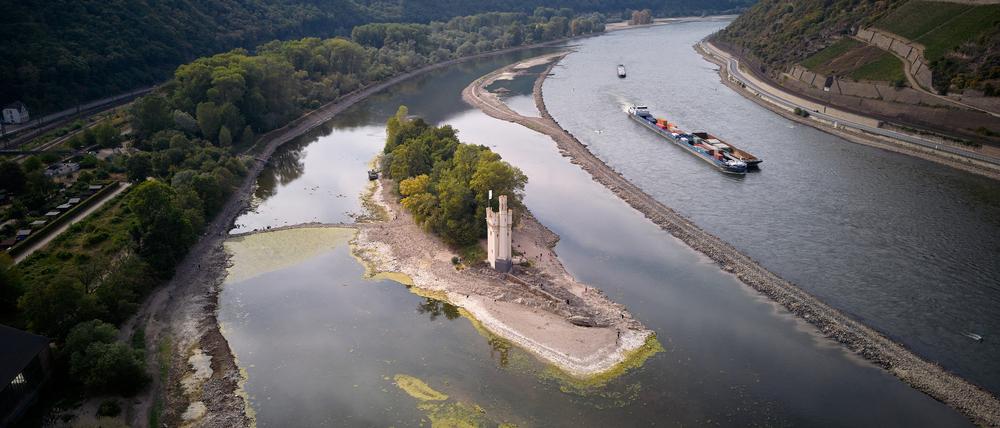 Die Insel im Rhein, auf der auch der Binger Mäuseturm steht, ist derzeit aufgrund des Niedrigwassers zu Fuß erreichbar.