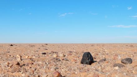 Bruchstück (schwarz) des Meteoriten "2008 TC3", der vor knapp zehn Jahren in der Nubischen Wüste einschlug, und von den Urplaneten im frühen Sonnensystem zeugt. 