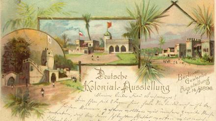 Auf einem gemalten Postkarten-Motiv sind nachgestellte Szenen aus den afrikanischen Kolonien sowie ein handschriftlicher Text zu sehen.