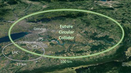 Die Teilchen, die künftig in dem geplanten Future Circular Collider (FCC) kreisen sollen, werden fast die vierfache Strecke durch den Schweizer Untergrund zurücklegen müssen. 