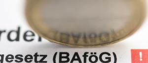Ein Euro-Stück steht hochkant auf einem Ausdruck des Bafög-Gesetzes.