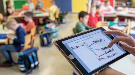 Eine Lehrkraft steht im Klassenraum und tippt auf ein Schaubild auf einem Tablet.