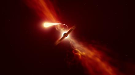 Die Illustration zeigt, wie ein Stern von einem Schwarzen Loch „spaghettifiziert“ und Materie fortgeschleudert wird.