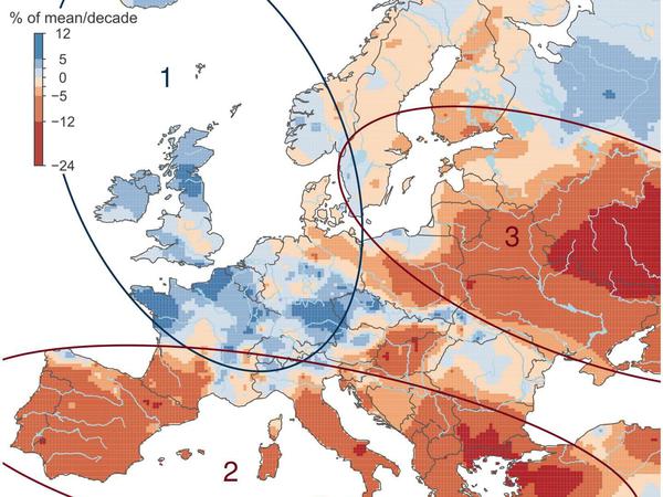 Die Abbildung zeigt die regionalen Hochwassertrends aller Messstellen von 1960 bis 2010. In Nordwesteuropa (1) zeigt sich mehrheitlich eine Zunahme an Hochwasserereignissen, in Südeuropa (2) und Osteuropa (3) eine Abnahme. In Deutschland nimmt die Schwere von Flusshochwassern vor allem im Süden und teils auch im Westen zu.