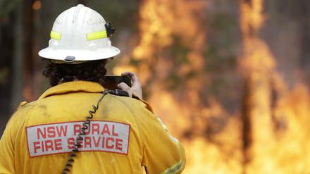 Feuer in Australien. Ein Feuerwehrmann nimmt im Januar 2020 mit seinem Smartphone einen kontrollierten Brand in der Nähe von Tomerong auf.