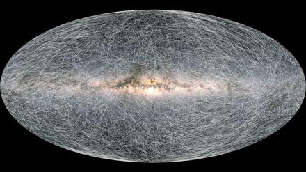 Die Sterne sind in ständiger Bewegung. Die Spuren auf diesem Bild zeigen, wie sich 40 000 Sterne, die alle innerhalb von 326 Lichtjahren vom Sonnensystem entfernt sind, in den nächsten 400 000 Jahren über den Himmel bewegen werden.