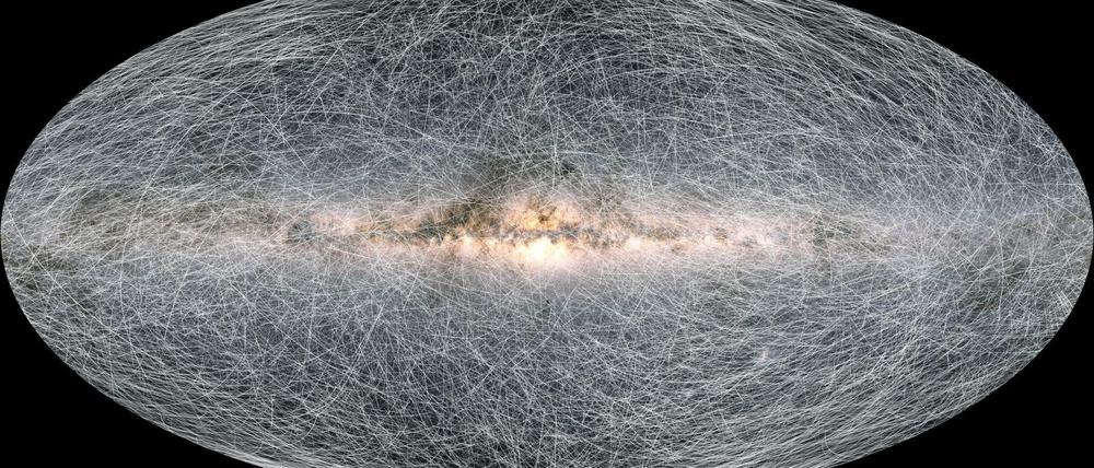 Die Sterne sind in ständiger Bewegung. Die Spuren auf diesem Bild zeigen, wie sich 40 000 Sterne, die alle innerhalb von 326 Lichtjahren vom Sonnensystem entfernt sind, in den nächsten 400 000 Jahren über den Himmel bewegen werden.