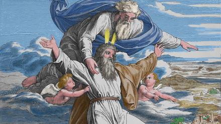 Gemälde, das darstellt, wie Gott Moses das verheißene Land zeigt.