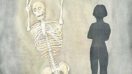 Die Anstandsdame – Chaperone nennt die kanadische Künstlerin Stef Lenk ihr Bild, bei dem der Schatten kritisch auf das tanzende Skelett schaut. Die Künstlerin zeichnet sowohl Comics als auch medizinische Illustrationen. 