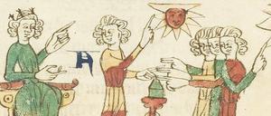 Mit göttlichem Beistand: Vier Männer legen zum Schwur vor dem König ihre Hand auf einen Reliquienschrein. Die kolorierte Federzeichnung auf Pergament stammt aus dem 14. Jahrhundert. 