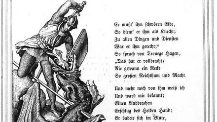 Drachentöter: Das mittelalterliche Nibelungenlied ist von Hass durchzogen. Der Holzschnitt von Julius Schnorr von Carolsfeld (1843) zeigt, wie Siegfried den Drachen Fafnir erschlägt und in dessen Blut badet.