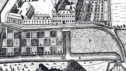Abseits. Die Einrichtung wurde anfangs bewusst „auf die grüne Wiese“ gesetzt, wie diese Abbildung von 1730 zeigt. 
