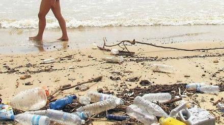 Flaschenpost. Plastikmüll verschmutzt Strände und Weltmeere. 