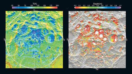 Eiskalt. Die Bilder zeigen den Südpol des Mondes. Auf der linken Karte sind die Jahresdurchschnittstemperaturen direkt unter der Mondoberfläche farbig gekennzeichnet. Die weißen Flächen auf der rechten Karte zeigen, wo die Temperaturen niedrig genug sind, dass dort Wassereis lagern könnte. 