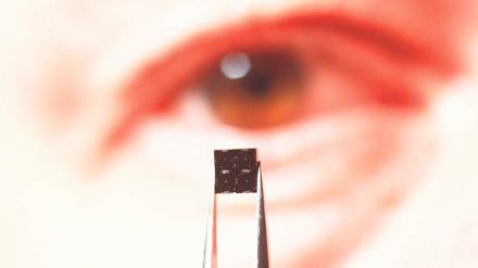 Simuliertes Sehen. Der Netzhautchip der Firma Retina Implant (Foto oben und Grafik) „fängt“ das Licht wie intakte Sinneszellen ein und wandelt es in elektrische Signale um. Die werden über Nervenzellen an das Gehirn weitergegeben. Foto: Visum