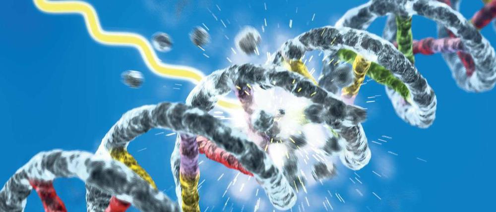 Wie vom Blitz getroffen. Die Abbildung symbolisiert die Wirkung ionisierender Strahlung auf ein DNS-Erbmolekül. Strahlen können die DNS stark schädigen.
