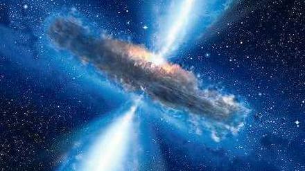 Ferne Oase. Das Wasser schwebt als riesige Dampfwolke um einen Quasar, der zwölf Milliarden Lichtjahre entfernt ist. Abbildung: Nasa/Esa