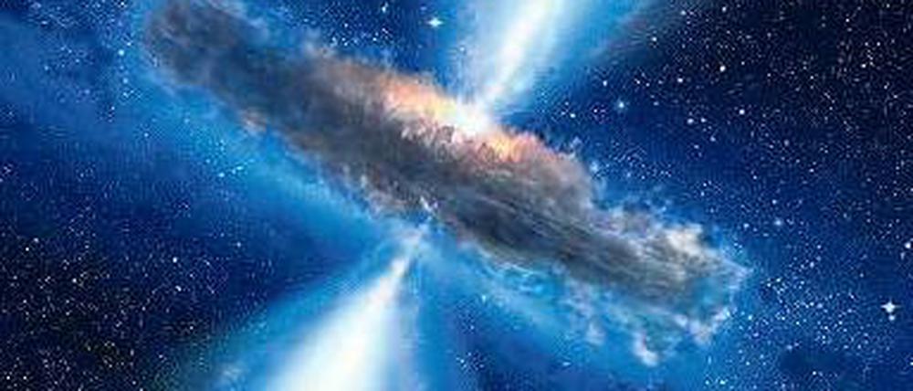 Ferne Oase. Das Wasser schwebt als riesige Dampfwolke um einen Quasar, der zwölf Milliarden Lichtjahre entfernt ist. Abbildung: Nasa/Esa