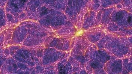 Kosmisches Netz. Die Simulation zeigt mit hellen Farben, dass sich die Dunkle Materie ebenso wie die sichtbare Materie entlang von „Fäden“ und „Knoten“ verteilt.