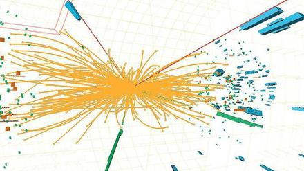 Teilchenfeuerwerk. Simulation einer Protonenkollision, bei der zahlreiche Bruchstücke entstehen. Anhand solcher Rechnungen wissen Physiker, wo sie in den Daten des Detektors nach Hinweisen auf das Higgs-Teilchen suchen müssen. 