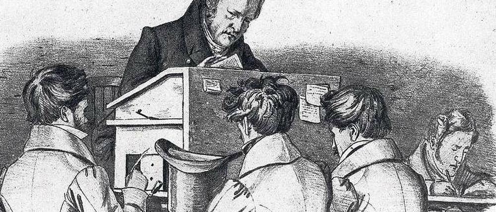 Von Geistesgrößen lernen. Die Lithografie aus dem Jahre 1828 von Franz Kugler zeigt Hegel vor seinen Studenten am Katheder. – Die Berliner Universität litt fast von Anfang an unter ihrer schlechten Ausstattung. Noch Jahrzehnte nach der Gründung gab es im Hauptgebäude keine Toiletten. Foto: akg-images