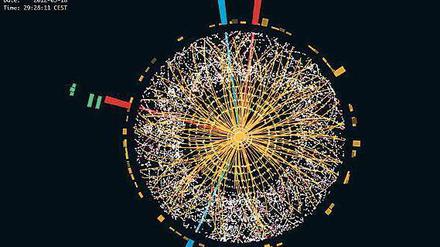 Zusammenprall im Mikroversum. Die Computergrafik zeigt schematisch den Ablauf des „Atlas“-Experiments, mit dem Wissenschaftler am Forschungszentrum Cern in Genf nach dem lange behaupteten Higgs-Teilchen fahndeten. 