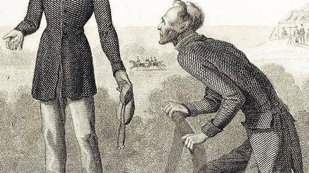 Mann ohne Schatten. Peter Schlehmil tritt ihn in Chamissos Erzählung an einen „grauen Herrn“ ab, der sich als Teufel entpuppt. Stahlstich-Illustration um 1900. 