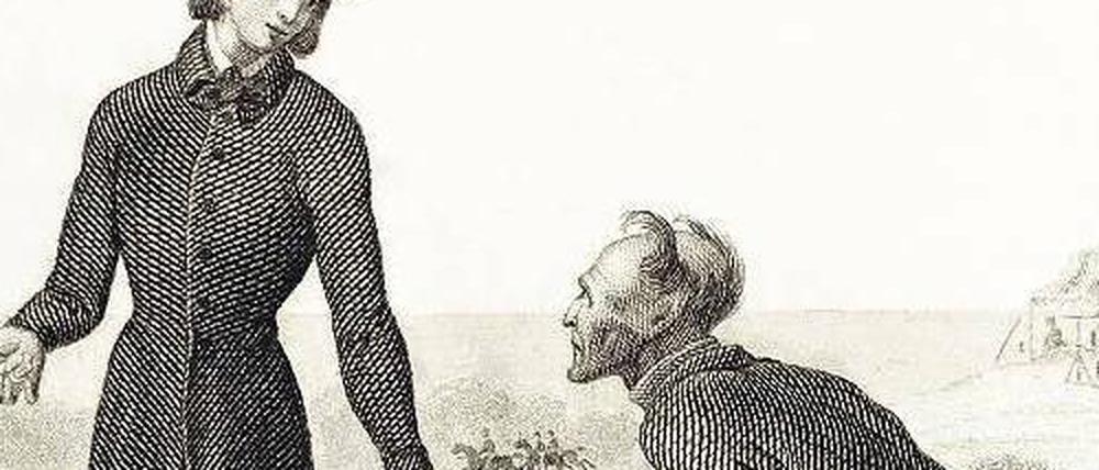 Mann ohne Schatten. Peter Schlehmil tritt ihn in Chamissos Erzählung an einen „grauen Herrn“ ab, der sich als Teufel entpuppt. Stahlstich-Illustration um 1900. 