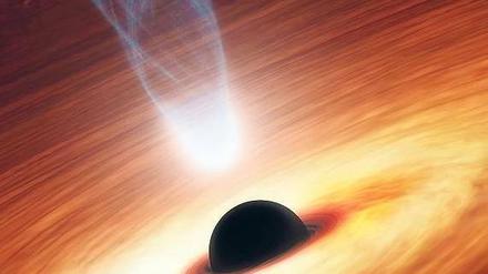 Mächtiger Wirbel. Materie rotiert um ein Schwarzes Loch. Senkrecht dazu bilden sich „Jets“, gerichtete Gasströme.