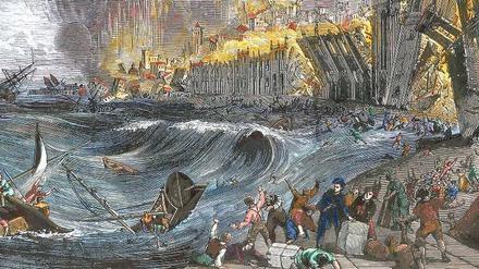 Holzschnitt aus dem 19. Jahrhundert zum Untergang von Lissabon 1755. Damals verwüsteten ein gewaltiges Beben, ein Tsunami und Brände fast die gesamte Stadt.