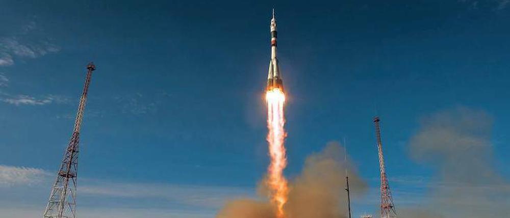 Start einer Sojus-Rakete. Am 28. Mai sollen Alexander Gerst und seine beiden Kollegen vom Kosmodrom Baikonur aus zur Internationalen Raumstation fliegen. 