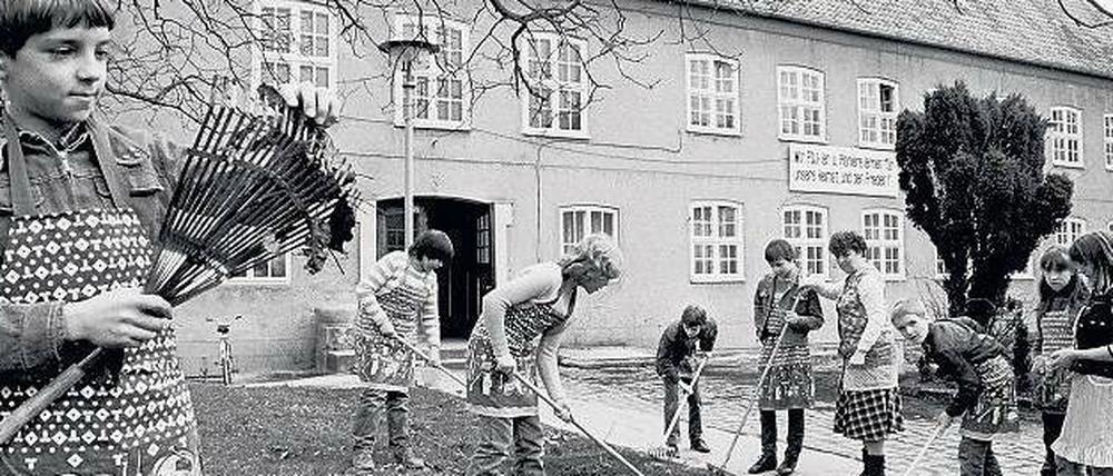 Mädchen und Jungen eines Stralsunder Kinderheims harken in den 1980er Jahren auf dem Heimgelände.