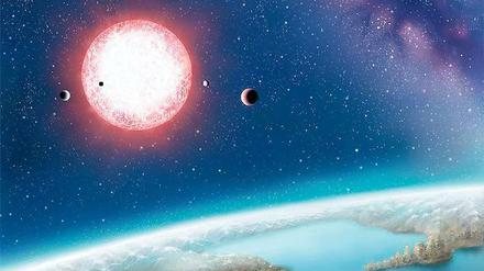 Ein Ort für Leben? Der kürzlich entdeckte Planet Kepler-186f könnte wie die Erde flüssiges Wasser haben und sogar Leben. Die Illustration zeigt wie die Künstlerin Danielle Futselaar sich diese Welt vorstellt. 