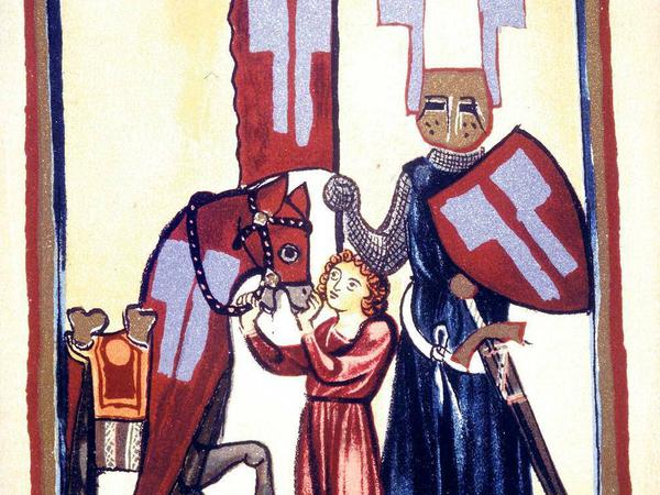 Farbige Darstellung von Wolfram von Eschenbach als Ritter in der Manessischen Liederhandschrift aus dem 13. Jahrhundert