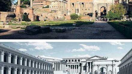Zwei Ansichten des Forum Romanum, die obere zeigt den heutigen Zustand, die untere eine Rekonstruktion des antiken Zustands.