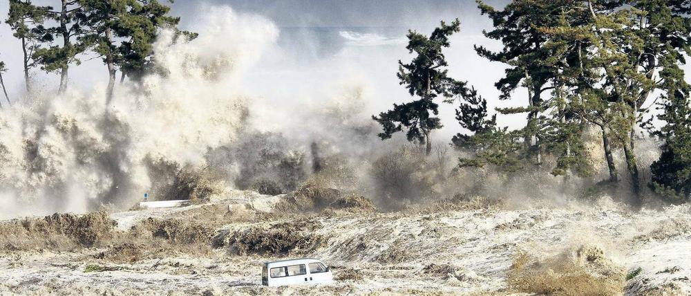 Tödliche Wassermassen. Um vor Tsunamis wie 2011 in Japan künftig warnen zu können, müssen nicht nur Erdbeben, sondern auch Erdrutsche einbezogen werden. Foto: AFP/Jiji
