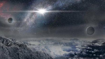 Fiktion. So würde die Supernova über einem 10 000 Lichtjahre entfernten Exoplaneten strahlen. Von der Erde aus war kaum etwas zu sehen. 