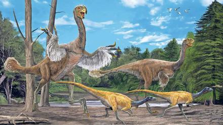 Da war die Welt noch in Ordnung. Dinosaurier prägten die Kreidezeit, wie dieser Gigantoraptor vor 70 Millionen Jahren. Bald darauf starben sie aus. 